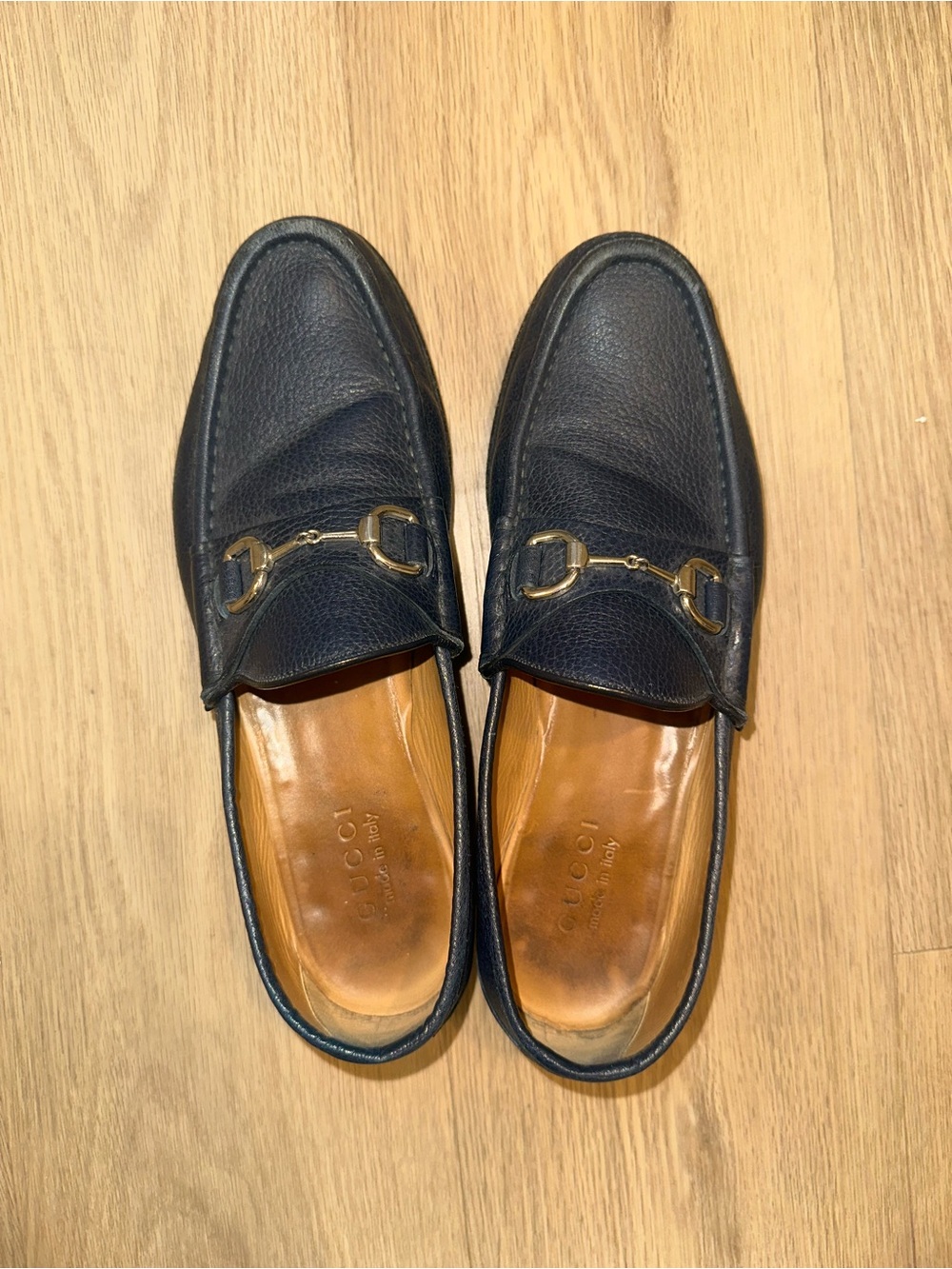 Gucci Navy Leather Horsebit Slip-On Loafers